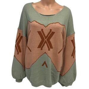 Andthewhy boho  Oversized M/L Sage green & peach sweater Aztec w/drop shoulder